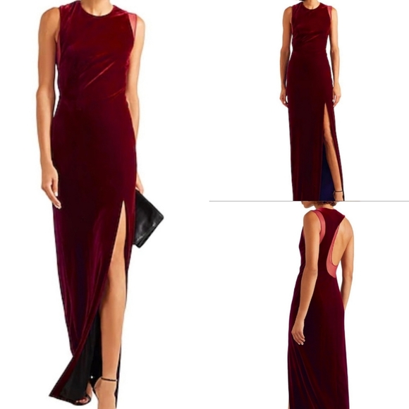 Galvan London Crescent Sheer Panel Thigh Split Velvet Wine Evening Gown Size 10 - Picture 10 of 17